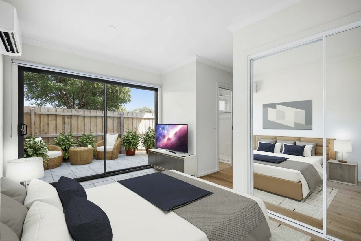 Room opening to a private outdoor area in an IEPG rooming home